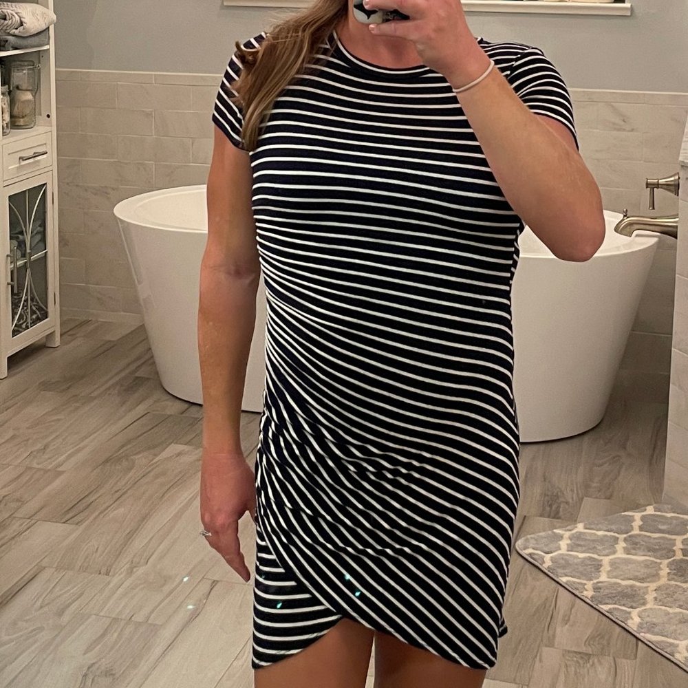 Blue and White Stripe Asymmetrical Mini Dress
